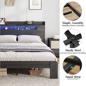 Letto a piattaforma in legno a grandezza naturale con testiera illuminata a LED e 2 porte USB, silenzioso, senza bisogno di rete a molle, con opzione contenitore - Product Image 4