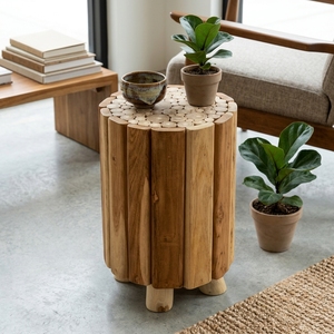 New Modern Minimalist Skena Fill Wooden <b>Stool</b> Natural Solid Teak Branch Mosaic Top Round Side Accent <b>Table</b> Living Room Patio - Product Image 3