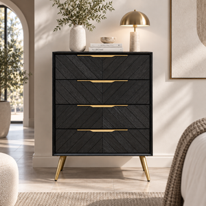 Black Wooden <b>Tallboy</b> Cabinet With Chevron Pattern Drawers, Gold Handles And Tapered Legs For Modern Bedroom Storage - Product Image 6