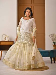 New Designer Heavy Faux Georgette Salwar Kameez Party Wear Set Knee-Length Full Sleeve <b>Top</b> Sharara Plazzo Dupatta for <b>Wedding</b> - Product Image 4