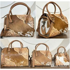 Bolsos de lona medianos de piel de vaca con pelo, estilo Speedy, de cuero repujado a mano, bolso de diseñador de boutique, bolso de mano vaquero moderno para viajes y oficina - Product Image 1