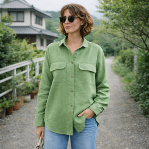 Chemise en lin menthe pour femme, à manches longues, boutonnée, coupe décontractée, avec poche et détail illusion, teinte unie, pour usage quotidien - Product Image 4