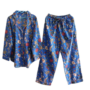 Ensemble de pyjama en satin de coton de haute qualité pour femmes, vêtements de nuit à manches longues, ensemble deux pièces, vêtements de détente, broderie machine, respirant, bleu - Product Image 1