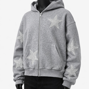Rhinestone Star Zip Winter Oversized Hoodie <b>Grey</b> Heavyweight Cotton Fleece Bling Crystal Print <b>Sweatshirt</b> <b>Men</b> Private Label - Product Image 4