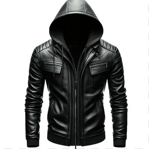 Chaqueta de Cuero Genuino para Hombre, Estilo Motero, con Capucha Desmontable, Personalizada para Universidad, Negra, con Hombreras Acolchadas, OEM - Product Image 1