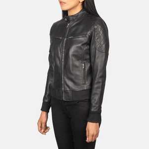 Chaqueta Bomber de Cuero para Mujer, Negra, Transpirable, para Invierno/Primavera/Otoño, con Cierre Frontal, Totalmente Personalizable, Hecha en Pakistán, 100% Poliéster - Product Image 4