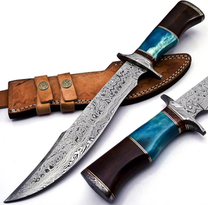 Cuchillo Bowie de Acero de Damasco con Funda, Cuchillo de Caza Hecho a Mano, Hoja Fija, Cuchillos Bowie Largos, Ideal para Supervivencia, Camping y Actividades al Aire Libre - Product Image 1