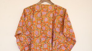Vintage <b>Boho</b> Floral Block Print Orange Kaftan <b>Dress</b> With Tie Back Loose Fit Short Sleeve Cotton <b>Summer</b> Long <b>Dress</b> - Product Image 3