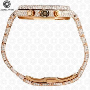 Charm_Jewells Luxury Gold Diamond Encrusted <b>Chronograph</b> Watch Analog Quartz Men's Fashion 42mm Round Case Folding Clasp - Product Image 3