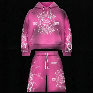 Ensemble de survêtement homme en coton : Sweat à capuche et short, coupe ample, avec motif graphique en strass, effet vieilli et délavé à l'acide - Product Image 1