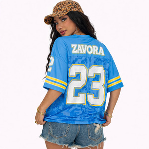 Maillot de football américain court en maille bleue de haute qualité pour femme, personnalisable, style streetwear, col en V, chemise graphique oversize, mode féminine - Product Image 6