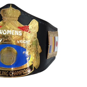 Ceinture de champion de lutte féminine en plaqué or avec centre bleu et drapeaux internationaux, sangle noire, objet de collection - Product Image 4