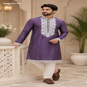 <b>Top</b> Quality Soft Silk with <b>White</b> Thread-<b>Sequin</b> work & Full-Sleeve & Band Collar Man's Kurta-R Cotton Payjama Set Indian Supplier - Product Image 1