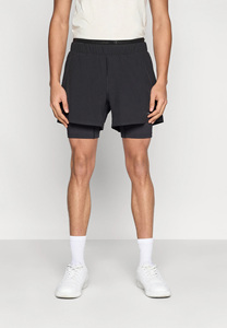 Men's Solid Black Double <b>Layer</b> High Waist Running Shorts With Inner Compression Quick Dry Sporty Design - Product Image 2