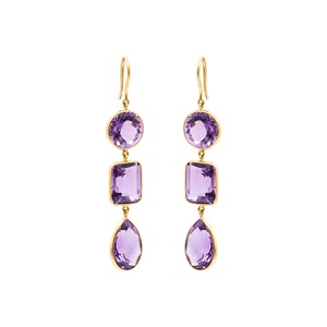 Wholesale 18K Solid Yellow Gold Natural Multi Shape Amethyst Bezel Linear Drop Earrings Memoria Jewels - Product Image 1