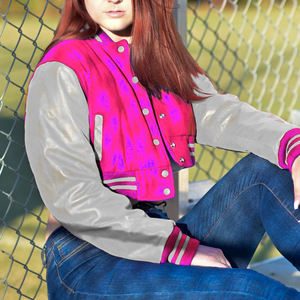 Chaqueta Corta Estilo Universitaria para Mujer, Color Rosa, Magenta y Gris, Estilo Bomber, Mangas de Cuero Sintético, Ropa Exterior Informal, Moda Femenina - Product Image 3