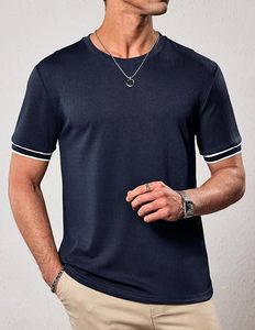 Camiseta de Manga Corta para Hombre, Color Azul Marino, Cuello Redondo, con Ribete en Contraste, Corte Regular, Estilo Casual, de Algodón Tejido - Product Image 4