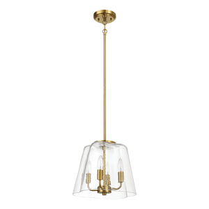 Lampadario a Sospensione Soiree a Quattro Candele in Ottone Satinato con Vetro Trasparente, Elegante Lampadario e Luci Pendenti - Product Image 1
