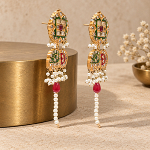 Gold Plated Red Green Meenakari Kundan Style Earrings with Faux Pearls <b>Pakistani</b> Wedding <b>Jewelry</b> Factory Wholesale - Product Image 4