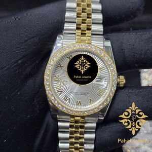 Montre de luxe pour femme Pahal Jewels en acier inoxydable, lunette sertie de diamants, mouvement mécanique analogique, verre saphir, boîtier de 36 mm, ouverture par bouton-poussoir - Product Image 1