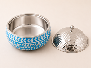 Casserole carrée en acier inoxydable, motif feuille bleue, couvercle martelé, design oriental durable, incrustation nacre, poignée en bois - Product Image 3