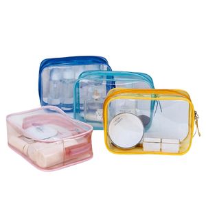 <b>Clear</b> PVC Zipper Cosmetic Travel Pouch Set PE Resealable Makeup Storage <b>Bag</b> <b>Toiletries</b> Beauty Products Pink Blue Yellow Trim - Product Image 1