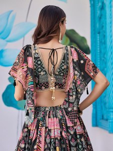 Bohemian Embroidered Silk <b>Lehenga</b> Set V-Neck Crop Top A-Line Floor-Length Skirt Black Pink Floral Print Classic Lace-Up Back - Product Image 6