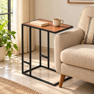 Table d'appoint en bois en forme de C, gain de place, avec cadre métallique noir mat, pour collations, ordinateur portable, table d'appoint pour canapé, chevet, salon - Product Image 6