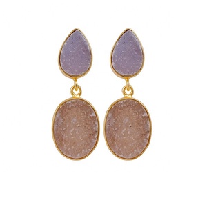 Boucles d'oreilles élégantes pour femmes, plaqué or, fabriquées à la main, jaune Druzy Double Gemstone Collet Set Fashion Jewelry - Product Image 6