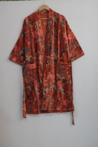 Women Floral <b>Print</b> Robe Knee Length Three Quarter Sleeve Soft Woven Polyester Casual Drawstring Closure - Product Image 3