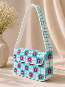 กระเป๋าสะพายข้างประดับลูกปัดลายดอกไม้สีชมพูบนพื้นผ้าลายตารางสีฟ้าคราม ทำจากวัสดุแก้ว  งานแฮนด์เมดจาก MS Handicraft - Product Image 4