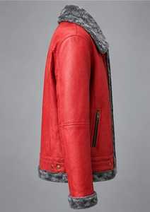 Champ <b>King</b> Men's Red Leather Jacket With Faux Fur Lining Stand Collar Zipper Closure Moto Biker Style Winter Thick <b>Coat</b> - Product Image 2