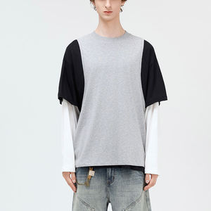 T-shirts personnalisés à manches longues double couche, coupe oversize à épaules tombantes pour hommes, avec blocs de couleur - Product Image 5