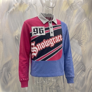 เสื้อเบสบอลแขนยาวสีสันตัดกัน Snowgrace ปักโลโก้ คอปกพับได้ ทรงปกติ เสื้อผ้าผู้หญิง - Product Image 2