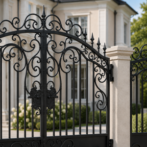 Puerta de Entrada Doble de Hierro Forjado Negro Ornamentado con Puerta Peatonal para Entrada de Jardín de Villa, Diseño de Seguridad - Product Image 5