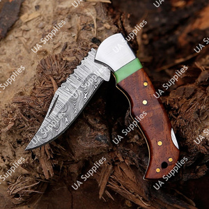 Custom Hand Forged Damascus Pocket Knife Back Lock Survival Camping Outdoor 3.5in Multifunctional Genuine <b>Leather</b> Sheath Wood - Product Image 2