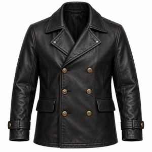 Veste en cuir vintage pour homme, best-seller, style bomber, double boutonnage, revers crantés, boutons sur le devant et poches à rabat, Canleo - Product Image 1