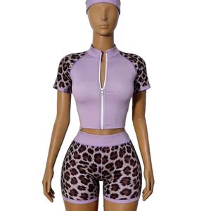 Custom Women Leopard Print 3 Piece <b>Short</b> Set Zip Front Crop Top Biker <b>Shorts</b> Headband Tracksuit Casual Summer Slim Fit - Product Image 6