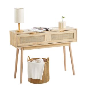 Consolle in Rattan Naturale con 2 Cassetti Contenitori e Porta Scorrevole, Tavolo da Ingresso/Soggiorno, Arredamento Casa - Product Image 6