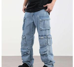 Pantalon cargo en denim délavé coupe droite pour homme, plusieurs poches, taille élastique, style workwear, poids moyen, tissu 100% coton tissé - Product Image 3