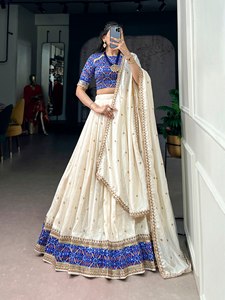 TENNECY Traditional Sequins Thread Embroidery Work Women's <b>Wedding</b> Diwali Blouse Vichitra Silk Lehenga Reversible Stretchable - Product Image 4