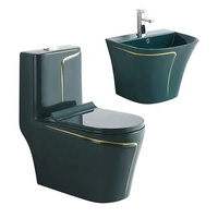 Ensemble WC monobloc noir de luxe et lavabo suspendu, WC en céramique à poser au sol avec ligne dorée pour salle de bain