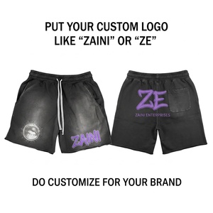 Shorts en molleton de coton premium 320 GSM, délavés, noir et gris, avec logo imprimé personnalisé, cordon de serrage, style streetwear pour homme - Product Image 1