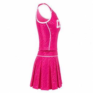 Uniforme de animadora con lentejuelas rosas para mujer, conjunto de top y falda plisada con ribete blanco - Product Image 3