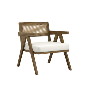 Fauteuil moderne de style mid-century en bois massif avec dossier en rotin naturel et coussin rembourré en lin - Product Image 1