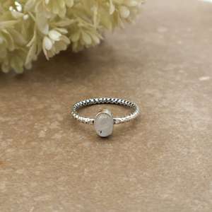 Handmade 925 Sterling <b>Silver</b> Natural Rainbow Moonstone <b>Ring</b> Dainty Textured Band <b>Solitaire</b> <b>Ring</b> for Women - Product Image 1