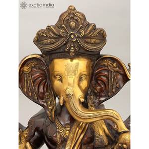 รูปปั้นพระพิฆเนศสี่แขน20นิ้วที่สง่างามรูปปั้นทองเหลืองประติมากรรม pagdi ที่น่าประทับใจ - Product Image 3