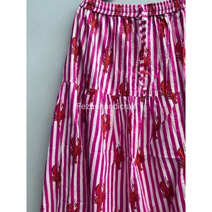 Jupe trapèze rose rayée à imprimé homard pour femme, taille élastique, volants, mi-mollet, décontractée, en coton, pour l'été - Product Image 5
