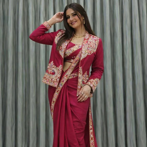 Conjunto de Saree Tradicional de Verano de Lujo 2026, Listo para Usar, con Chaqueta Blazer Bordada, Pantalón Indo-Occidental de Diseñador, para Bodas - Product Image 1