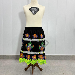 Jupe noire brodée florale traditionnelle en gros pour femme, taille élastique, style bohème, robe midi d'été, motif ethnique feuille, jupes décontractées - Product Image 1